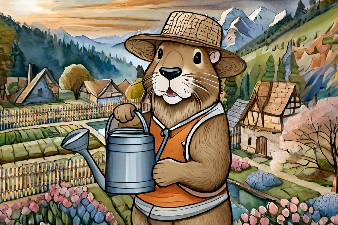  Capy ist im Garten, trägt einen Strohhut, ein orangefarbenes Tanktop und hält eine Gießkanne. Er ist bereit zum Gärtnern.