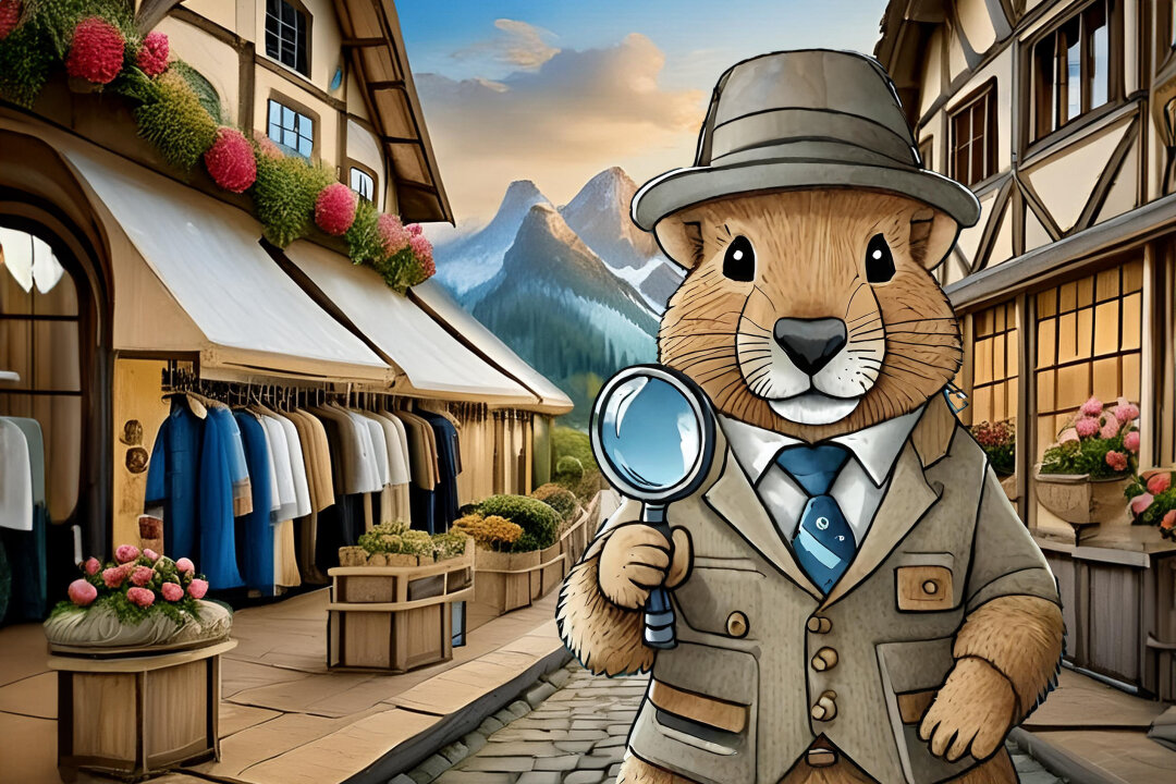 Der Capy als Detektiv steht vor einem Laden in Aue-Bad Schlema