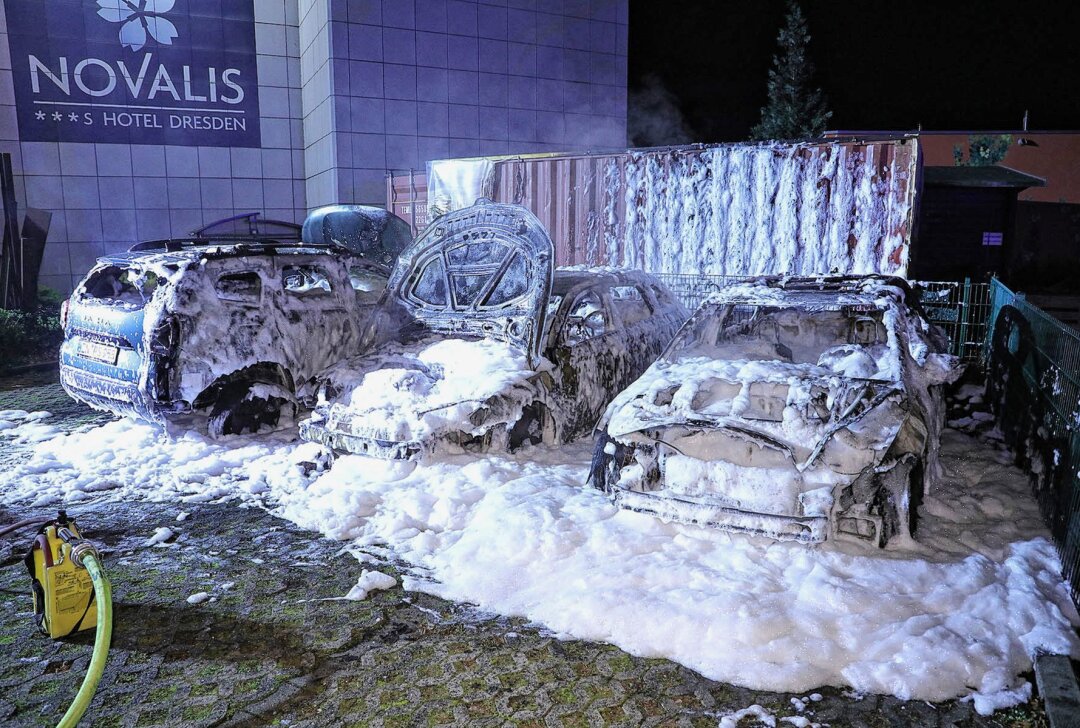 Drei Autos stehen auf Hotelparkplatz in Flammen - Die Polizei ermittelt zur Brandursache. Foto: Roland Halkasch