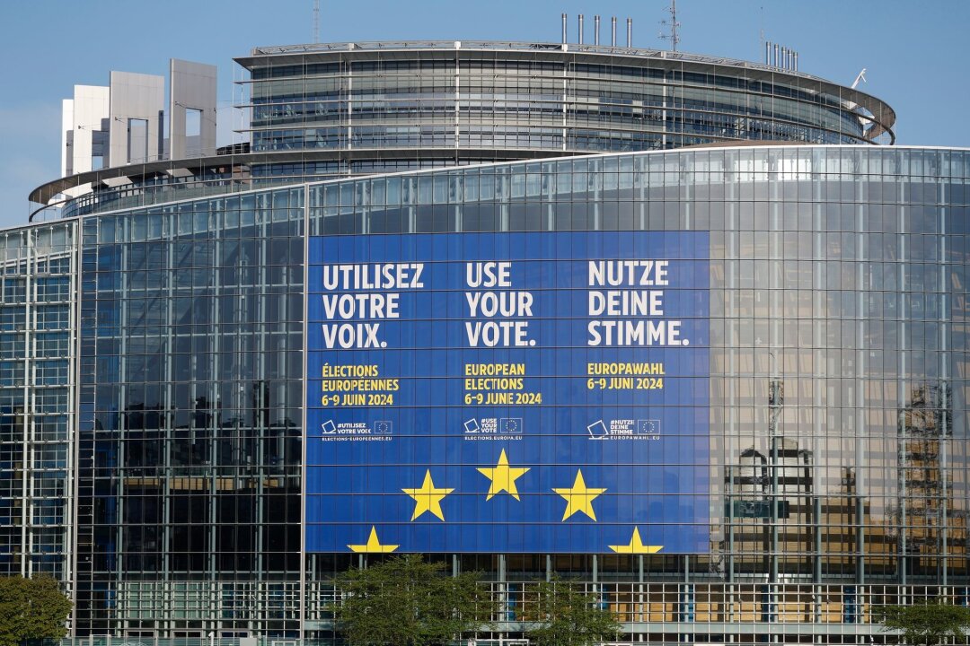 Frieden und Demokratie sind Deutschen bei Europawahl wichtig - Eine riesiges Transparent wirbt am Europäischen Parlament in Straßburg für die Europawahlen.
