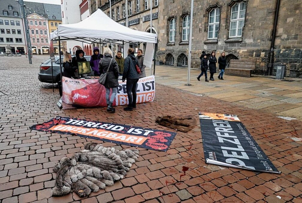 Gegen das Töten von Pelztieren: Tierschutzaktion auf dem Markt - Proteste gegen das Töten von Pelztieren. Foto: Harry Haertel