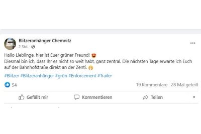 Messgerät ist kaum erkennbar: Fieser Blitzer im Chemnitzer Zentrum installiert - Auf seiner Facebookseite spricht der Blitzer sogar zu den Fans. Markaber, oder? Screenshot: Blick Redaltion
