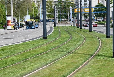 Nach langer Bauzeit: Straßenbahnlinie 1 nimmt Betrieb wieder auf - Die Straßenbahnlinie 1 wurde wieder in Betrieb genommen. An der Haltestelle Reichsstraße wurde das Dach begrünt. Foto: Andreas Seidel