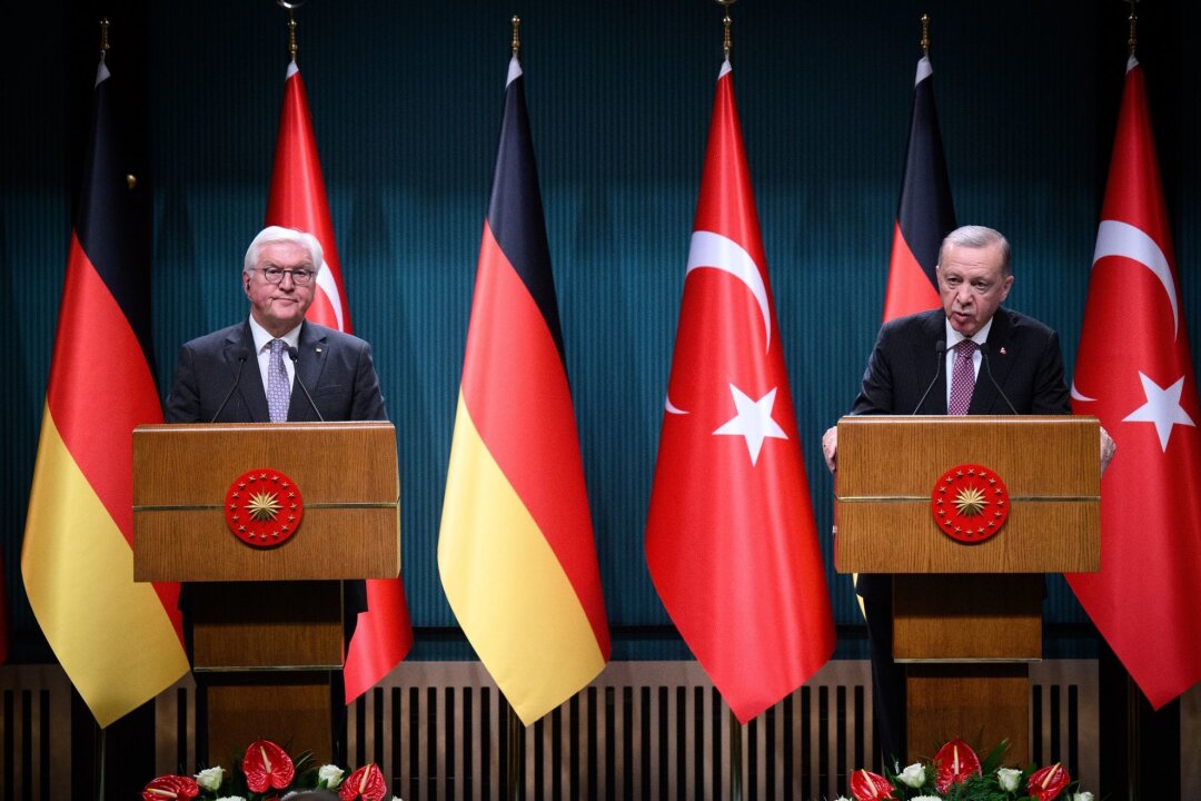 Steinmeier: Deutschland und Türkei brauchen einander - Bundespräsident Frank-Walter Steinmeier (l) und der türkische Präsident Recep Tayyip Erdogan äußern sich bei einer Pressekonferenz nach ihrem Gespräch im Präsidialpalast.