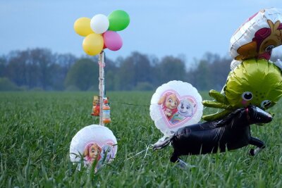 Suche nach Arian jetzt mit Lichtkegeln und Kinderliedern - Ballons und Süßigkeiten stehen auf einem Feld bei Bremervörde. Von einem vermissten sechs Jahre alten Jungen aus dem niedersächsischen Bremervörde fehlt noch immer jede Spur.