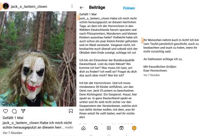 Update: Clown aus Auer Wald hat sich gestellt - Auf seiner Instagramseite drohte der Clown, er wolle Kinder entführen. Screenshot: privat 