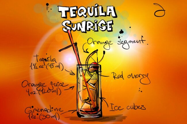 10 Cocktails und Longdrinks, die jeder mag! - Kreiert wurde der fruchtig herbe Tequila Sunrise in den 1940ern in einer kleinen Bar in Mexiko. Mit nur drei Zutaten ist er schnell gemacht, nämlich Tequila, Orangensaft und Grenadine.
