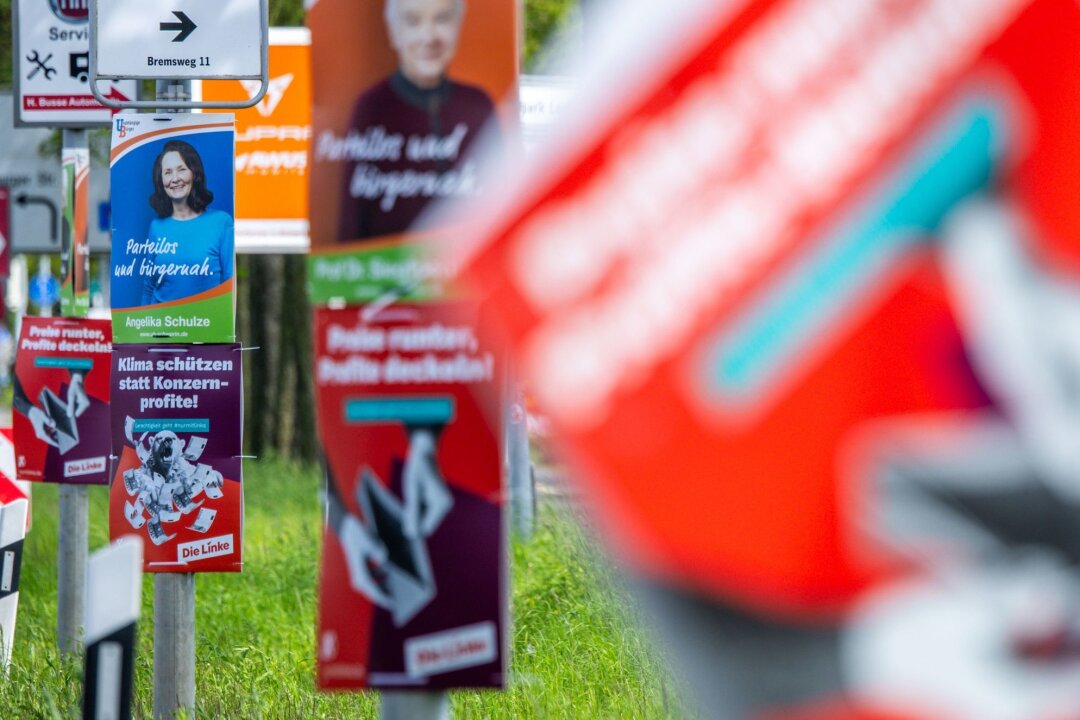 100 Wahlplakate im Bereich Zwickau beschädigt und gestohlen - Wahlplakate verschiedener Parteien hängen an den Laternenmasten einer Ausfallstraße in Schwerin.