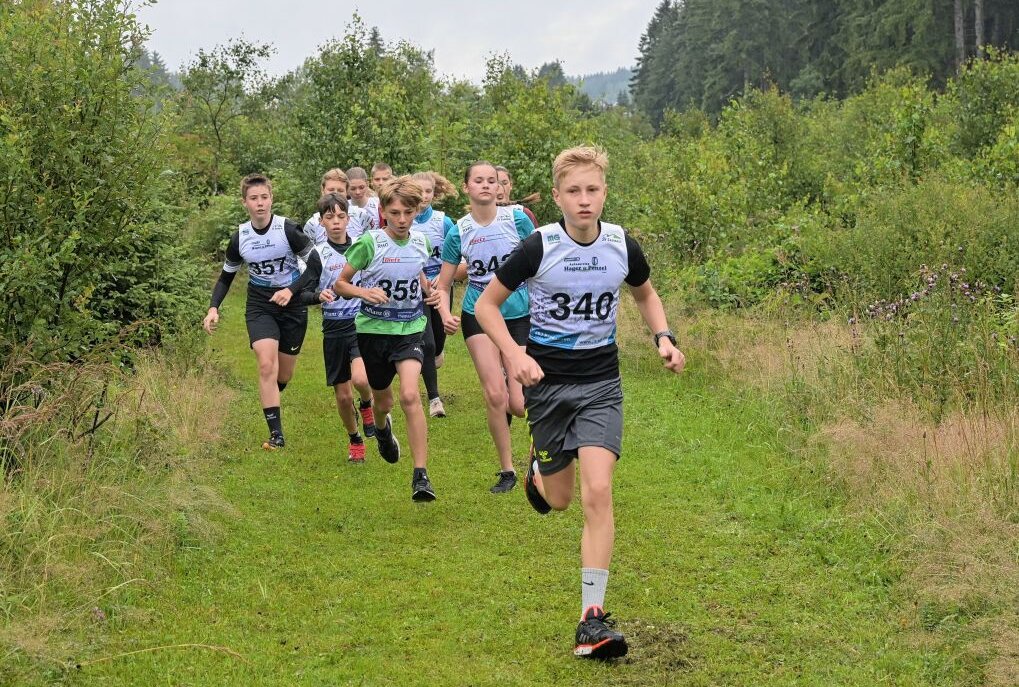 127 Finisher beim Kirmeslauf in Grünbach - Konstantin Metschnabl vom VSC Klingenthal (vorn) hat bei den Schülern 14 über die 3 Kilometer gewonnen. Foto: Ralf Wendland