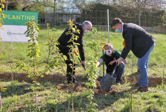 Thomas Schmidt, Oliver Fritzsche und André Wolf (v.l.) beim Baumpflanzen im neuen Stadtwald. Foto: A. Funke