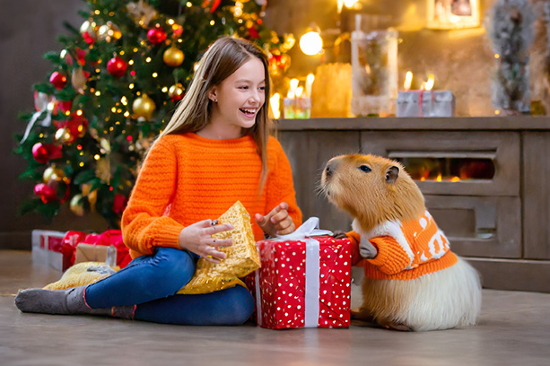 Mädchen mit Geschenken und Capybara vor Weihnachtsbaum