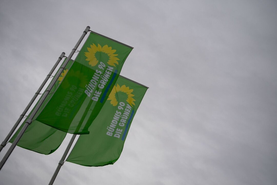 Angegriffene Politikerin ist Kandidatin für Stadtrat - Flaggen mit dem Logo von Bündnis 90/Die Grünen.