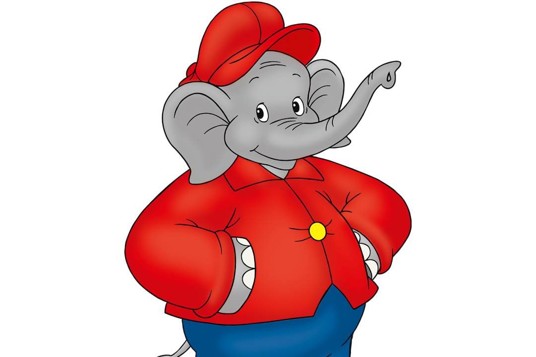 grauer Elefant mit roter Jacke und blauer Hose