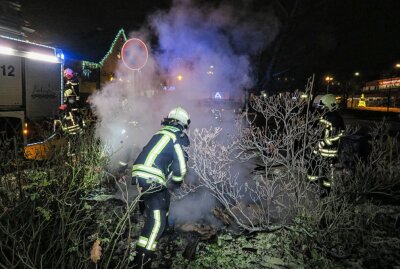 Aue-Bad Schlema: Mülltonnen brannten vermutlich wegen Feuerwerkskörper - Die Feuerwehr Aue war mit 6 Einsatzkräften und 1 Fahrzeug im Einsatz. Foto: Niko Mutschmann