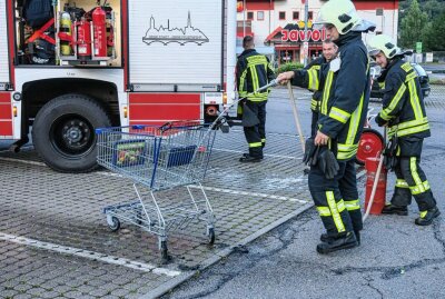 Aue: Unbekannte zünden Einkaufswagen an - Unbekannte hatten bei einem Supermarkt in einem Unterstand Einkaufswagen angezündet. Foto: Niko Mutschmann