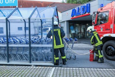Aue: Unbekannte zünden Einkaufswagen an - Unbekannte hatten bei einem Supermarkt in einem Unterstand Einkaufswagen angezündet. Foto: Niko Mutschmann