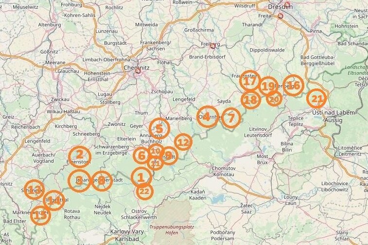 Skigebiete in Sachsen auf einen Blick. Grafik: Anika Weber/ Open Streetmap