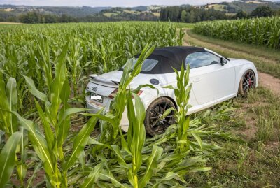 B101 gesperrt: Teurer Sportwagen pflügt Schneise in Maisfeld - Ein hochmotorisierter Audi RS TT kam vermutlich auf Grund zu hoher Geschwindigkeit in einer Kurve von der Fahrbahn ab und pflügte ein Feld nieder. Foto: Bernd März
