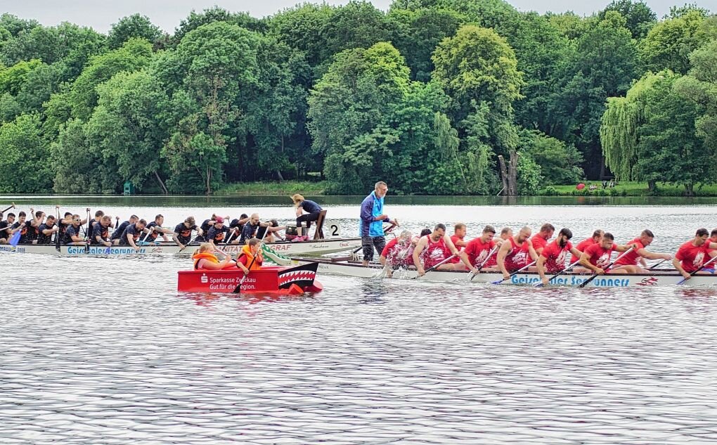 Am kommenden Wochenende findet auf dem Zwickauer Schwanenteich erneut das Badewannen- und Drachenbootrennen, wie hier bereits auch 2018, statt. Foto: Andreas Wohland/Archiv