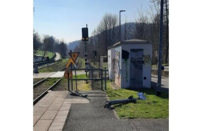 Bahnmast zerstört - Bundespolizei sucht Randalierer - Der zerstörte Bahnmast am Haltepunkt Lauter. Foto: Bundespolizeiinspektion Klingenthal