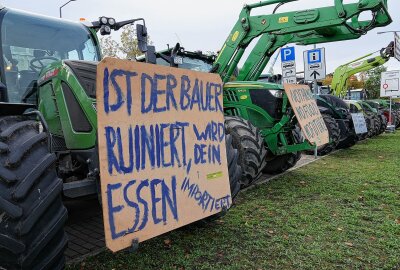 Bauernprotest: Hunderte Traktoren vor Landtag in Dresden - Plakate an den Traktoren. Foto: Roland Halkasch