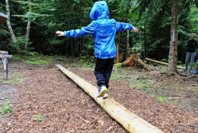 Borstendorfer Waldlabyrinth weckt riesiges Interesse - Drinnen können Kinder auf einem Balancierbalken ihr Koordinationsvermögen beweisen. Foto: Andreas Bauer