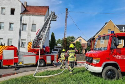 Brand: Dachstuhl eines Wohnhauses fängt Feuer - Eine Koniferenhecke geriet in Brand. Das Feuer griff auf das Wohnhaus über. Foto: Mike Müller