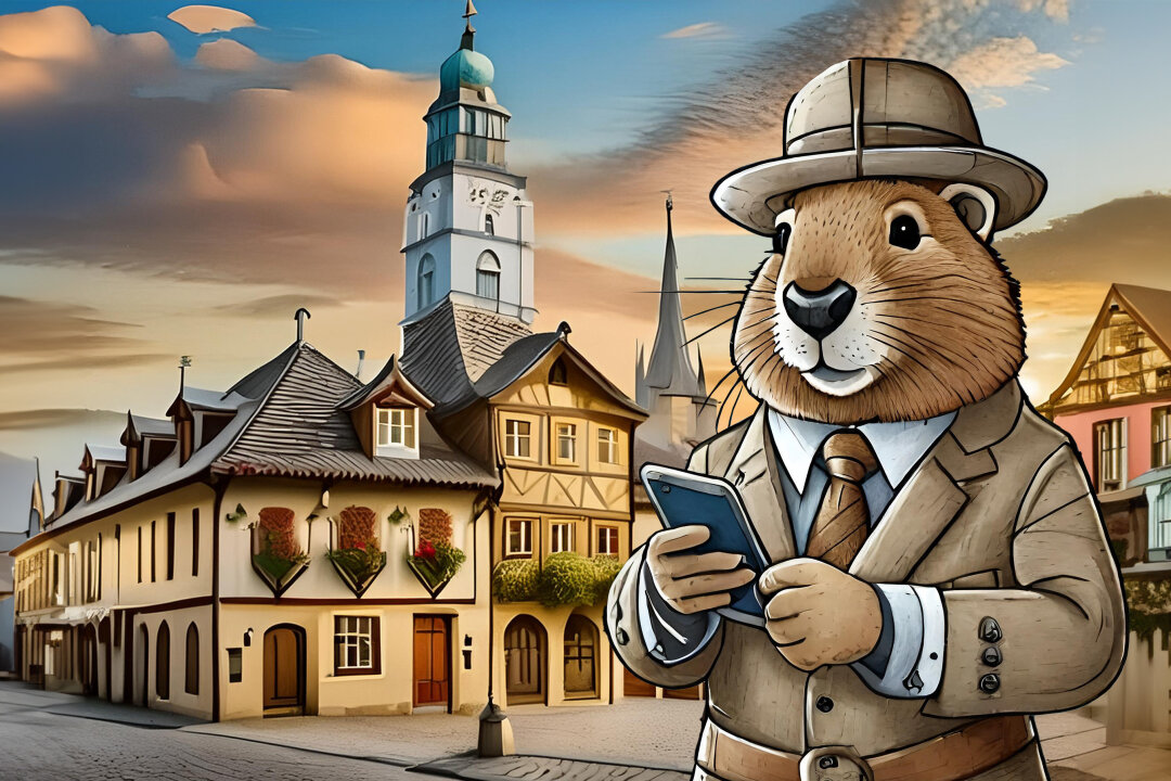 Der Capy als Detektiv ist heute in Rochlitz und hält sein Smartphone.