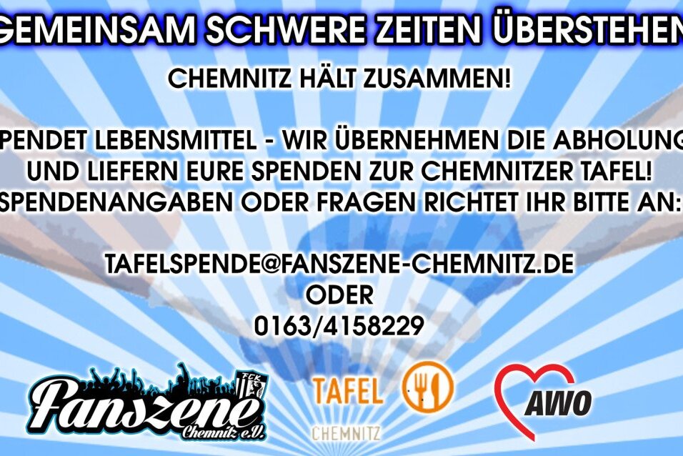Der "Fanszene Chemnitz e.V." hat in Zusammenarbeit mit der "Arbeiterwohlfahrt Chemnitz" und der "Tafel Chemnitz" eine Spendenaktion initiiert. Foto: Fanszene Chemnitz e.V.