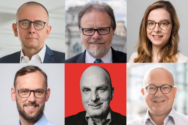 oben, v.l.n.r.: Michael Klonovsky (AfD), Frank Heinrich (CDU), Karola Köpferl (Bündnis 90/ Die Grüne) | unten, v.l.n.r.: Tim Detzner (Die Linke), Detlef Müller (SPD), Frank Müller-Rosentritt (FDP).