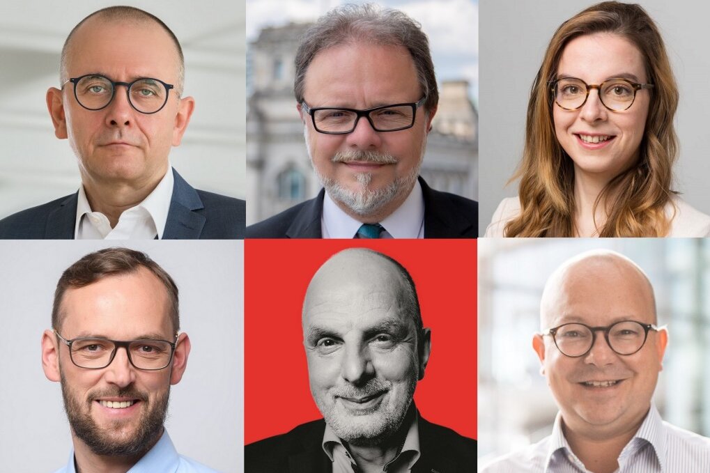 oben, v.l.n.r.: Michael Klonovsky (AfD), Frank Heinrich (CDU), Karola Köpferl (Bündnis 90/ Die Grüne) | unten, v.l.n.r.: Tim Detzner (Die Linke), Detlef Müller (SPD), Frank Müller-Rosentritt (FDP).