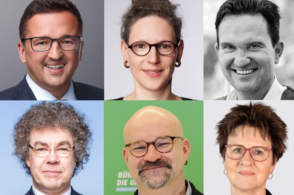 oben: v.l.n.r.: Karsten Cörber (CDU), Gundula Schubert (SPD), Nico Tippelt (FDP) | unten: v.l.n.r.: Matthias Moosdorf (AfD), Wolfgang Wetzel (Bündnis 90/ Die Grünen), Sabine Zimmermann (Die Linke).