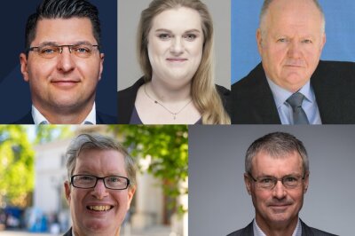 Das sind die Kandidaten im Vogtland - obere Reihe: Thomas Hennig (CDU), Janina Pfau (Die Linke), Roberto Rink (DSU); unterer Reihe: Thomas Fiedler (SPD) und Uwe Drechsel (parteilos).