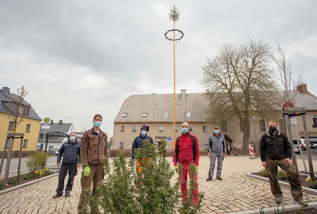 Der Mauersberger Maibaum steht - Michael Noack koordinierte das Mauersberger Maibaumsetzen. Foto: Jan Görner
