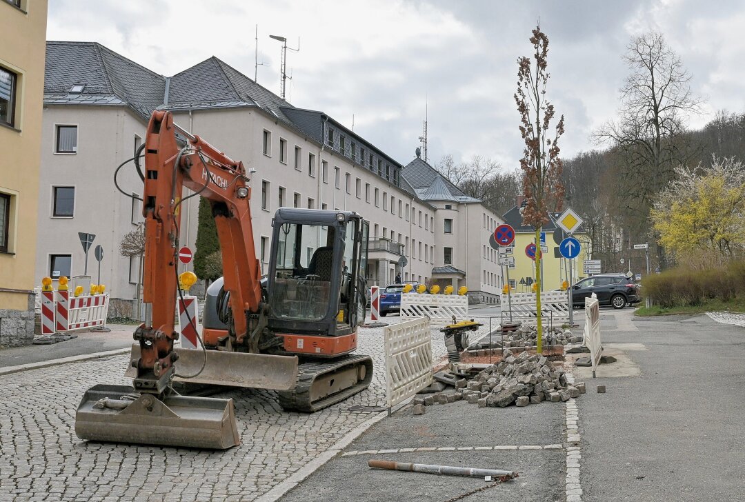 Deshalb gibt es in Aue aktuell mehrere Sperrungen - Auf der Lessingstraße vom Rathaus werden derzeit Säuleneichen gepflanzt. Foto: Ralf Wendland