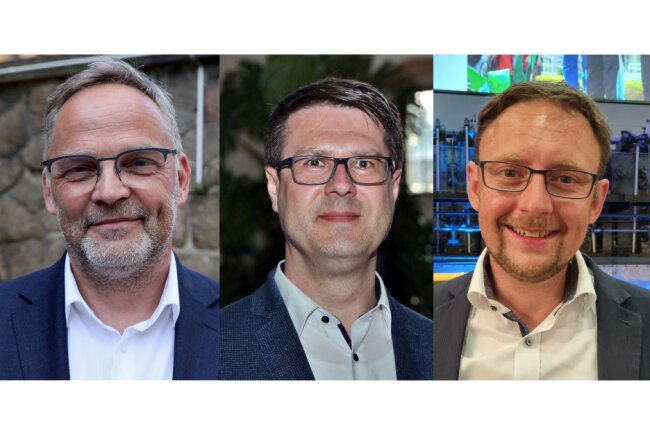 (v.l.) Dirk Neubauer (parteilos), Sven Liebhauser (CDU) und Dr. Rolf Weigand (AfD) treten in Mittelsachsen an.
