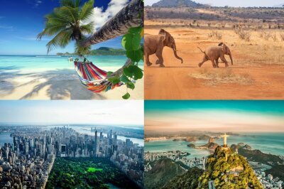 Die Top 10 der beliebtesten Reiseziele der Deutschen - Platz 8: Nord- und Südamerika,  Afrika. Im Bild: Karibik, Afrika, New York (USA) und Rio de Janeiro (Brasilien).
