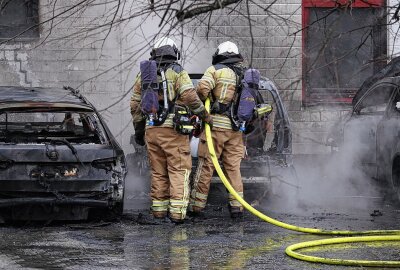 Drei Fahrzeuge gehen in Flammen auf: Löscharbeiten gestalten sich schwierig - In Dresden kam es zu einem Brand an einem Elektroauto. Foto: Roland Halkasch
