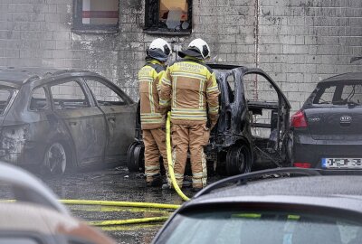 Drei Fahrzeuge gehen in Flammen auf: Löscharbeiten gestalten sich schwierig - Die Feuerwehren waren im Einsatz. Foto: Roland Halkasch