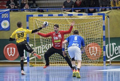 EHV Aue holt einen Punkt - Die Handballer des EHV Aue - im Tor Keeper Erik Töpfer - haben gegen Coburg einen Punkt geholt. Foto: Ralf Wendland