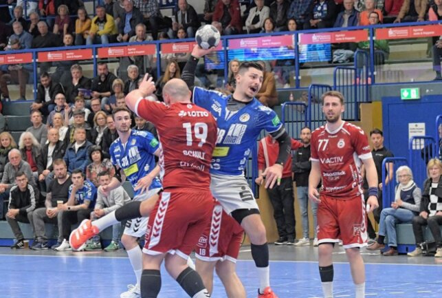 Die Handballer des EHV Aue - am Ball Goncalo Ribeiro - haben gekämpft und zwei Punkte eingefahren. Foto: Ralf Wendland