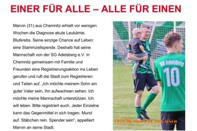 Einzige Überlebenschance: 31-jähriger Chemnitzer Familienvater benötigt dringend Stammzellspende - Die Fußballer der SG Adelsberg rufen die Chemnitzer dazu auf, zur Registrierungsaktion zu kommen.