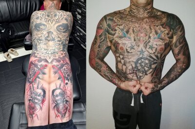 Enrico (36) aus Hartha: Tattoos, Unternehmergeist und eigene Mode - Auch seine Rückseite ist tätowiert: Das Rücken-Piece ist sein liebstes Tattoo. Auf dem Bauch hat er seinen Vater, der bei der Marine war verewigt.