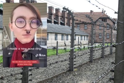 Durch seine rechtsextremen Aussagen wurden mehrere seiner Tik Tok-Accounts gesperrt. Im Hintergrund seht ihr das KZ Auschwitz. 
