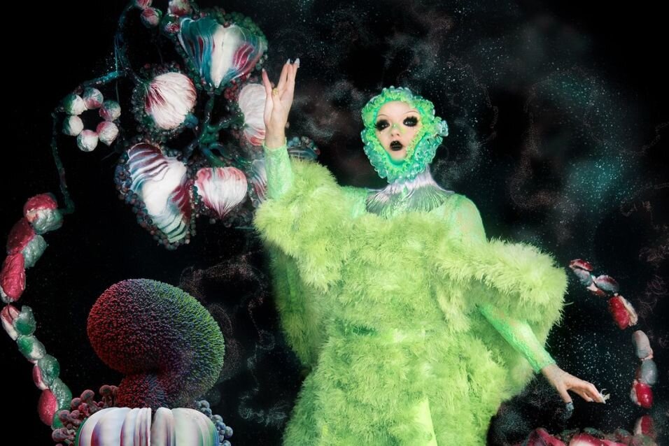 Moosiges grünes Etwas: Für das Album "Fossora" nahm Björk eine ganze Serie spektakulärer Pressefotos auf.