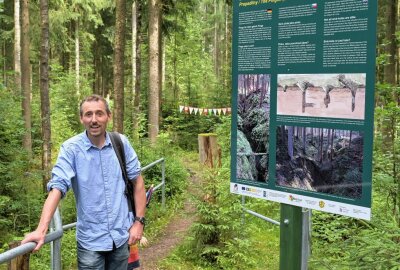 Erster Teil des Bergbaulehrpfads "In der Grün" eröffnet - Thomas Helm an einer der Informationstafeln, die aufgestellt worden sind. Foto: Ralf Wendland