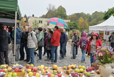 Erzgebirger backen Riesenapfelkuchen aus 57 verschiedenen Sorten - Der 1. Apfelmarkt in Lößnitz hat zahlreiche Besucher angelockt. Foto: Ralf Wendland