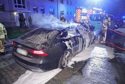 Feuerwehreinsatz in Dresden: Audi A7 steht in Flammen - Einsatzkräfte Vorort. Foto: Roland Halkasch