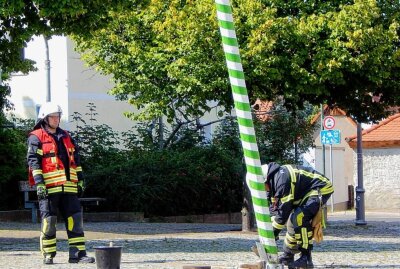 Feuerwehreinsatz in Leipzig: Auto kracht in Maibaum - In Leipzig krachte ein Auto in einen Maibaum. Foto: Anke Brode