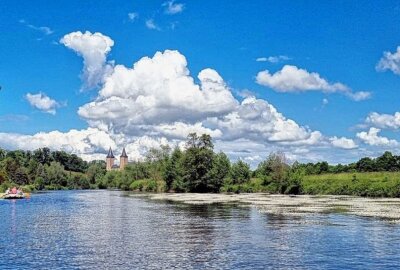 Flüsse Mulde und Chemnitz blühen: Meer an weißen Blüten - Die Mulde vor dem Rochlitzer Schloss.Foto: Andrea Funke